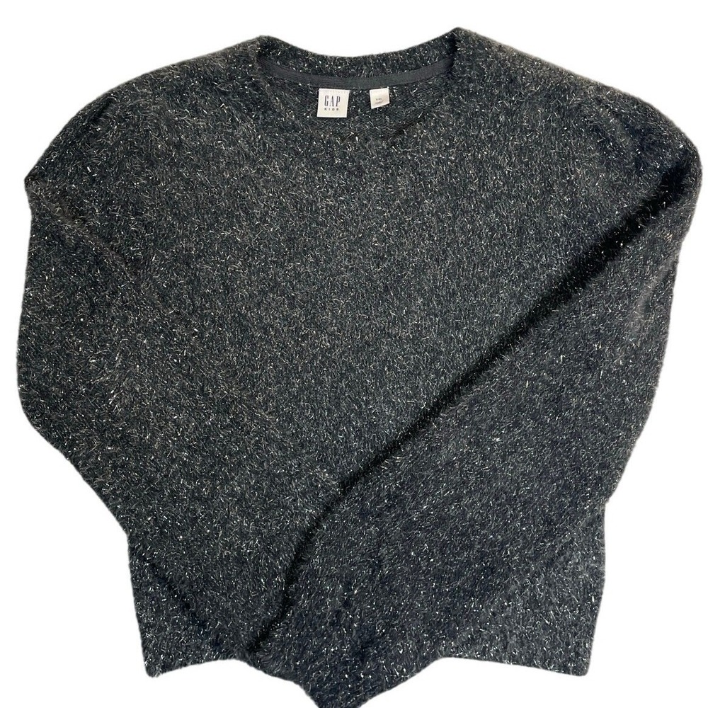 GAP Kids Tinsel Eyelash Sweater – Black/Silver Metallic Fuzzy Crewneck XXL
